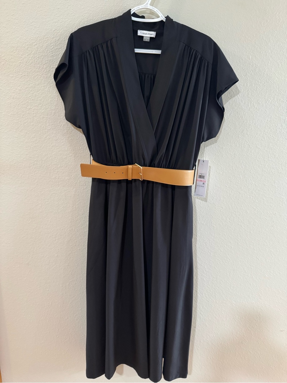Calvin Klein Black Midi Dress with Pockets & Tan Belt